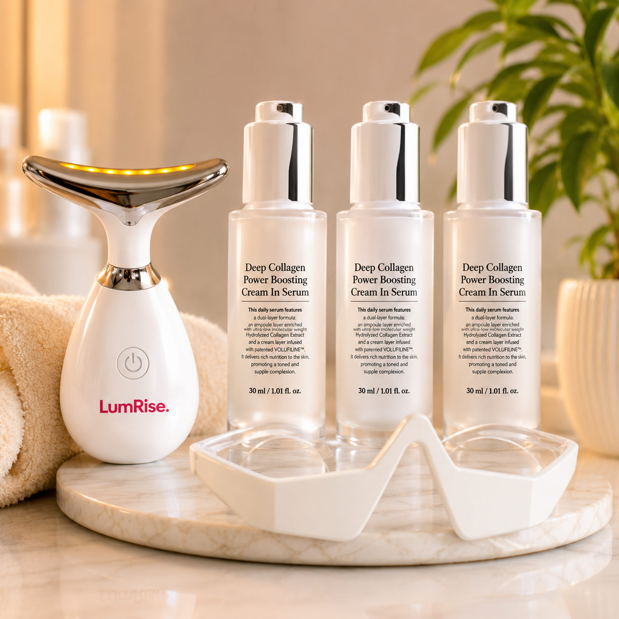 LumiRise® + 3 Collagen Power Boosting Serum + eye bags glasses